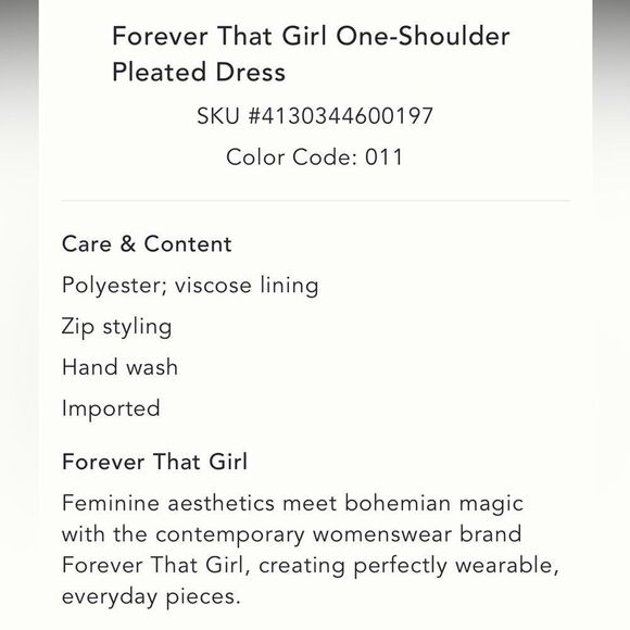 Forever That Girl One-Shoulder
Pleated Dress Elegant/ size XL - Picture 13 of 13